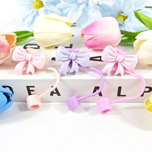 Silikonen rietjescovers met strik, candy-kleuren, stofdop voor rietjes, schattig keukenaccessoire
