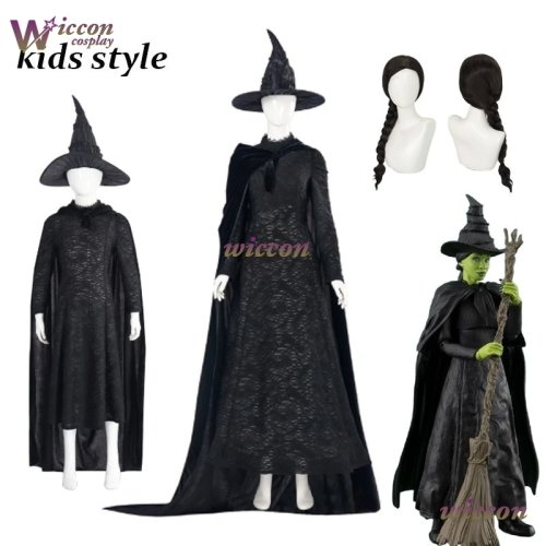 طقم تنكري Elphaba (Wicked) للنساء والأطفال - عباءة سوداء، فستان، قبعة ساحرة وشعر مستعار، مثالي للهالووين/الكوسبلاي