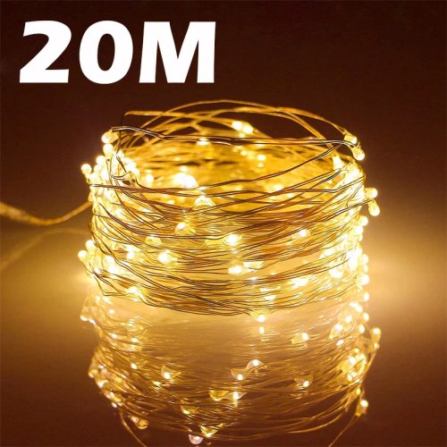 Guirlande LED sur fil de cuivre USB 20 m, 200 LED — éclairage extérieur pour sapin, mariage et déco de fête