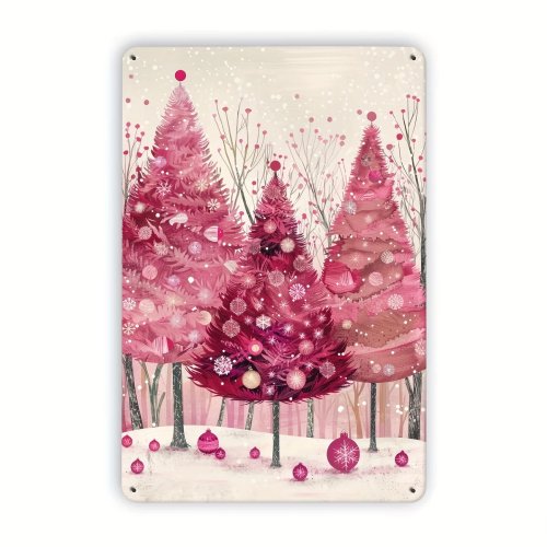 Lámina metálica con árboles de Navidad rosas – Decoración de pared festiva interior/exterior para casa y recámara