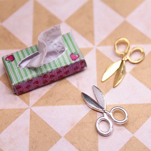 Pack 2 tijeras miniatura 1:12 para casa de muñecas, metal, plateado/dorado