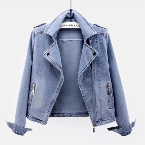 Áo khoác jean nữ ngắn có khóa kéo, co giãn, ôm dáng, phong cách vintage/biker, dài tay — mùa xuân/thu, casual