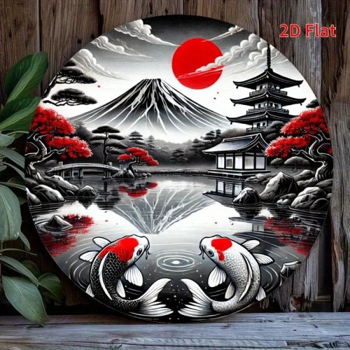 Placa metálica 2D com pintura de sol vermelho, peixe e paisagem – decoração para casa, escritório e quarto