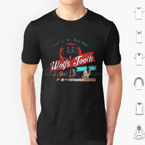 เสื้อยืดผู้ชายสีดำ ผ้าฝ้าย คอกลม พิมพ์ 'Wolf's Tooth' ลุควินเทจ แขนสั้น — ใส่ได้ทั้งชาย/หญิง