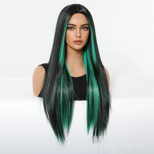 Women's full-head straight wig, black with green highlights — stylish Halloween/party wig (European/American style)
