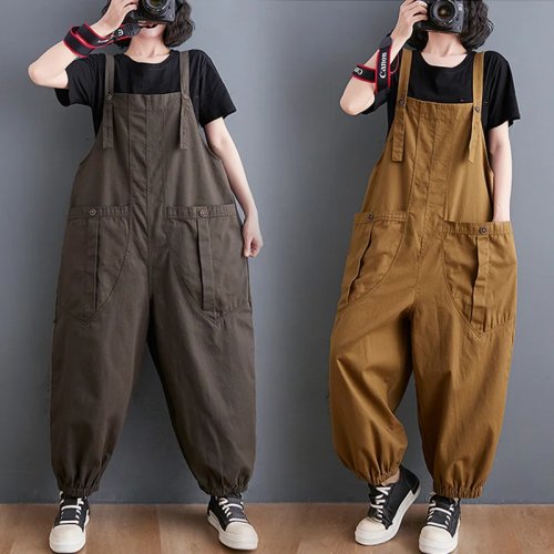 Macacão/overall harem feminino tamanhos grandes, verão, corte solto, bolsos grandes, casual/trabalho, até ≈90 kg