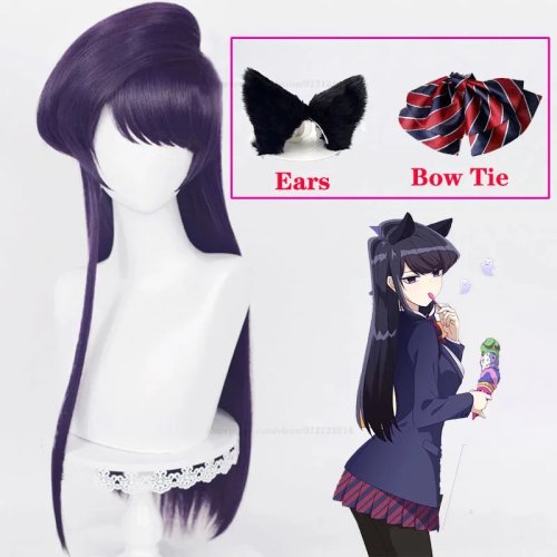 Parrucca cosplay Komi Shouko 80 cm nero-viola, lunga, con orecchie e fiocco