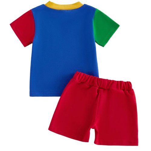 ヴィンテージ風 男の子用 通学・夏用セット — レトロストライプシャツ＆デニムショートパンツ
