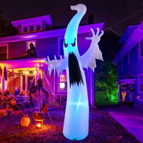2,4 m Halloween Aufblasfigur – Geist mit Gebläse, leuchtet im Dunkeln mit Farbwechsel-LED, Garten-Dekoration für draußen
