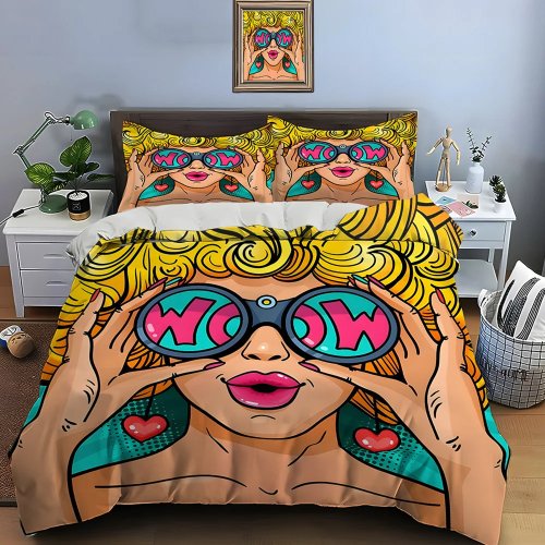 Parure de lit enfant 3 pièces – motif femme pop art rétro avec lunettes, housse de couette imprimée numérique, douce et respirante, idée cadeau
