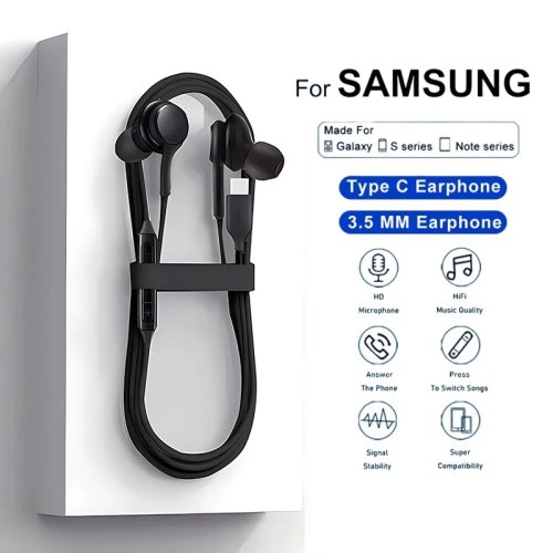سماعات سلكية بمنفذ Type‑C و3.5 مم لهواتف Samsung Galaxy S23/S22/S21/A54/A53 — سماعات أذن (ميكروفون مدمج)