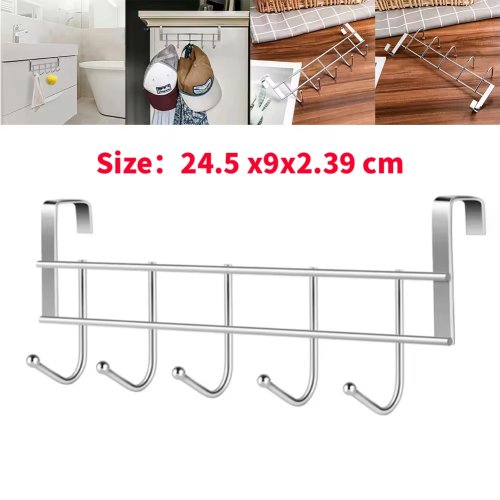 Gancho para colgar detrás de la puerta, 5 ganchos en acero inoxidable — 24,5×9×2,4 cm, para toallas y ropa
