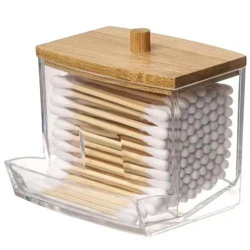 Boîte à coton‑tiges et cure‑dents transparente carrée avec couvercle en bambou – rangement pour coton‑tiges