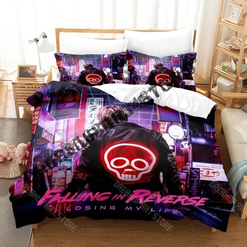 3Dプリント布団カバーセット「Falling in Reverse」－ 掛け布団カバー＆枕カバー、シングル/セミダブル/ダブル/クイーン/キング、大人・子供用、アニメ柄
