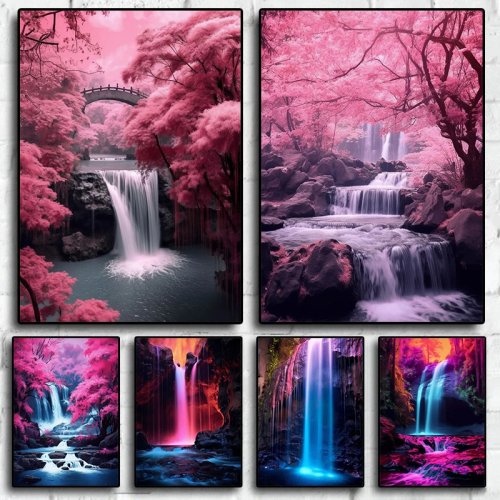 Tranh in canvas không khung – phong cảnh hoa anh đào (sakura) với thác nước và con sông, trang trí tường