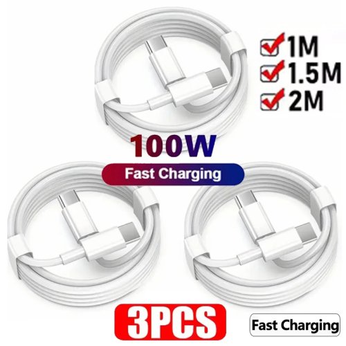 Pack 3 cabos USB-C para USB-C 100W PD — carregamento rápido e dados, compatível com iPhone 17/15/15 Pro, Huawei, Samsung, Xiaomi; branco, 1 m/2 m