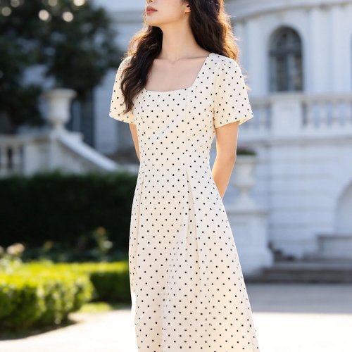 Vestido de verano para mujer talla plus – escote cuadrado, lunares, mangas abullonadas cortas, poliéster, casual