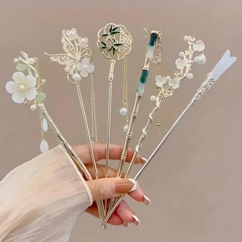 Palillo para el pelo estilo chino con borla — Pasador floral tradicional para mujer (1/6 uds)