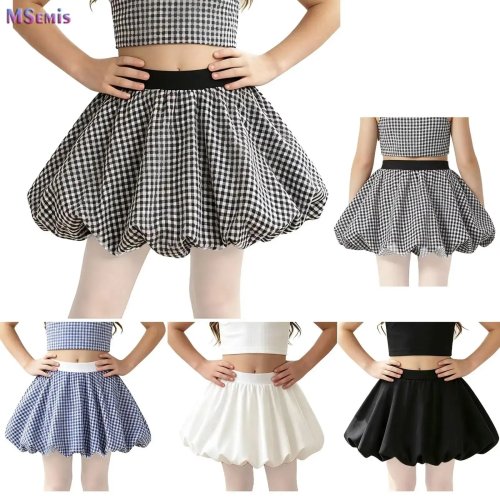 Jupe mini à carreaux taille haute pour fille avec short intégré — jupe bulle coupe A, printemps/été