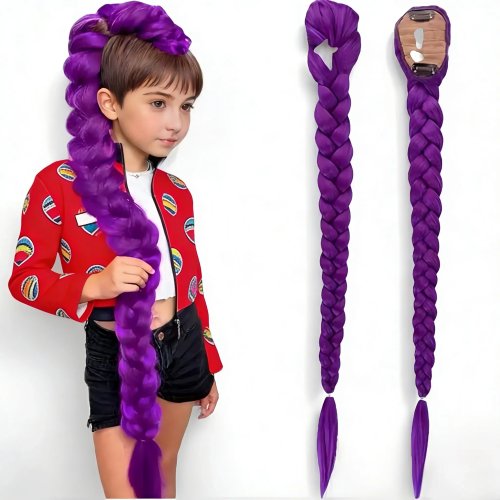 Extension coda intrecciata sintetica viola 66 cm con clip, per bambine — coda per costume Halloween e Natale