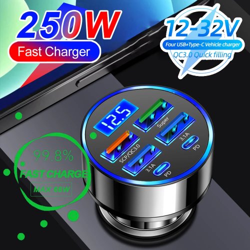 شاحن سيارة PD 66–250W مع QC3.0 – موزع 1 إلى 6 لمقبس ولاعة السيارة، شحن سريع وشاشة رقمية