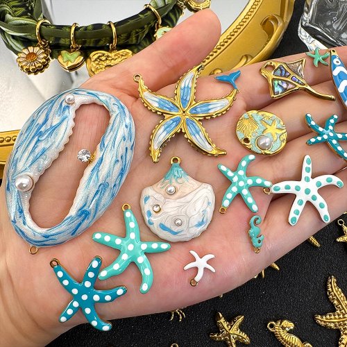 Dijes estrella de mar esmaltados azules en acero inoxidable – paquete de 2 o 20, colgantes boho para tobillo, collar y para hacer bisutería DIY