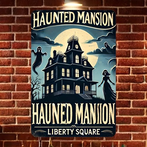 Letrero metálico vintage Haunted Mansion – Decoración de Halloween espeluznante con fantasmas y luna llena para casa y jardín