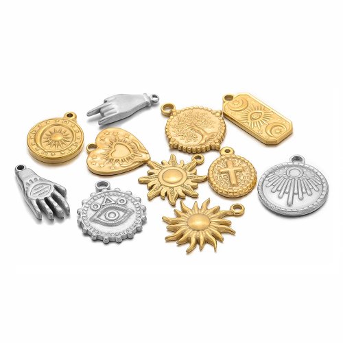 5 unidades pendentes em aço inoxidável (cruz, sol, coração), cor dourada, para colar e pulseira — para bijutaria DIY