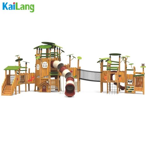 Wooden Forest Playground Set - Outdoor Kids Play Equipment with Slide, Swing Bridge and Balance Beam