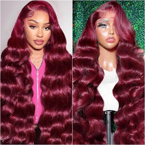 Perruque en cheveux humains brésiliens, frontal 13x6 HD et 13x4, densité 220%, couleur 99J bordeaux, body wave, ligne frontale déjà effilée