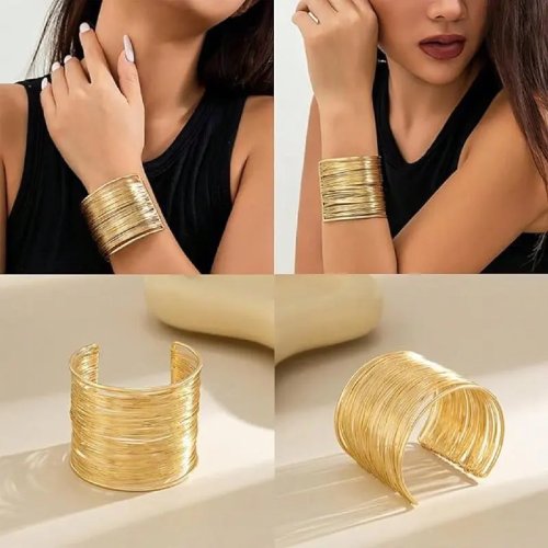 Bracelet manchette vintage doré à fils larges et superposés pour femme — jonc métallique imposant, idée cadeau