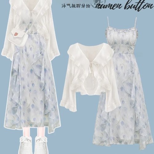 Women's summer dress set — lightweight long-sleeve sun-protection top + strappy tea-style dress, elegant casual outfit