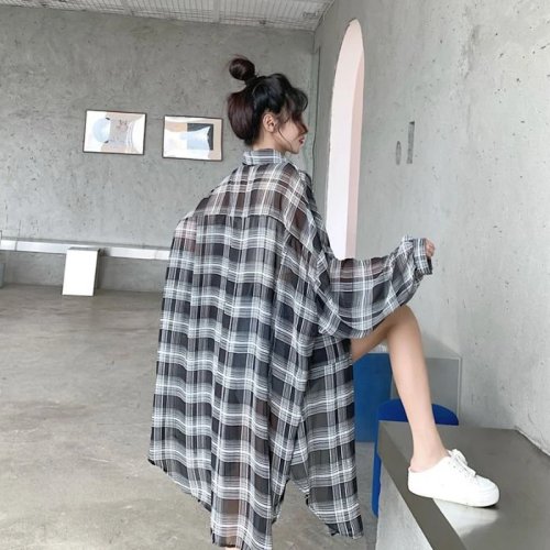 大きいサイズ レディース 夏用 チェック柄 シャツ 薄手 UVカット風 韓国風カラー 長袖 ゆったり ミディ丈