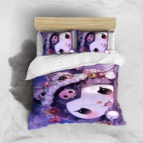 Parure housse de couette 3 pièces Kawaii Kuromi — Coton doux lavé, pour lit simple/chambre étudiante, facile d'entretien