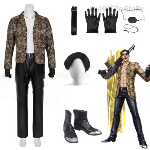 Fantasia cosplay Majima Goro (Yakuza: Like a Dragon) masculina — traje com estampa pele de cobra, casaco, peruca e sapatos