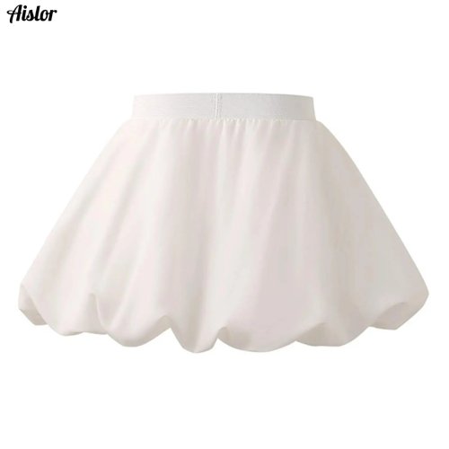 Saia balão para menina com calções integrados, cintura elástica, mini evasé A-line, estilo escolar