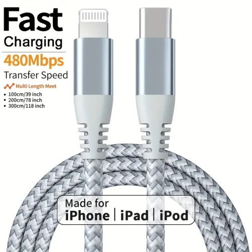كابل USB‑C إلى Lightning معتمد MFi، مضفر بنهى نايلون، شحن سريع ونقل بيانات لهواتف iPhone 14/13/12/11 — خيار عبوة 1 أو 2 قطع