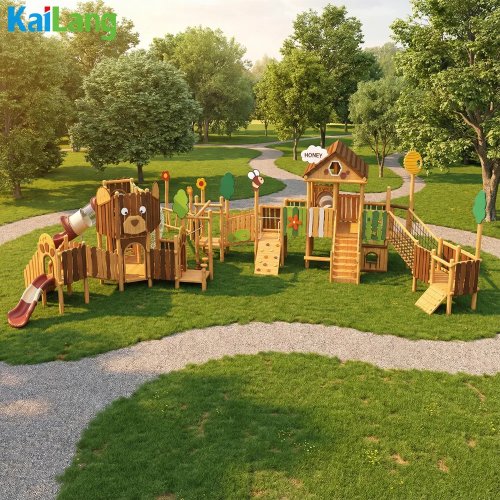 Parque infantil de madera para exterior — estructura de escalada tema bosque (oso y abeja)