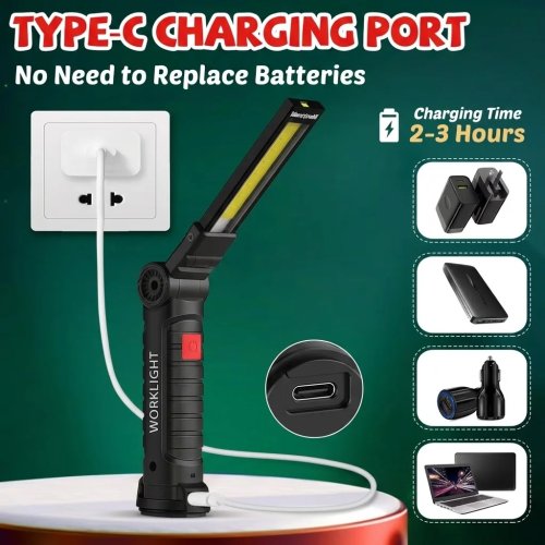 Akumulatorowa lampa robocza LED COB USB z magnesem i hakiem, ściemnialna, akumulator 18650 – latarka inspekcyjna/latarnia turystyczna