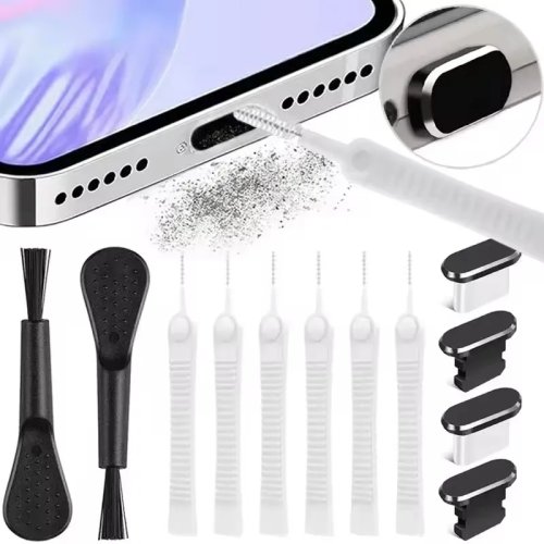 Bouchons anti‑poussière pour port de charge + brosse de nettoyage — compatibles iPhone 17/16/15/14 Pro/Max/Plus, Samsung, Xiaomi (Lightning & USB‑C)