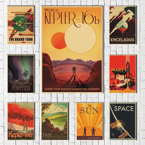 Space Visions of the Future — Vintage Kraft Paper Poster Collection, Retro Wall Art Home Decor