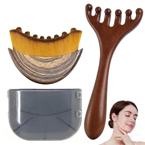 Lymphatic drainage facial brush & wooden meridian massage comb (6‑claw) — anti‑static jawline sculpting drainage massager for face & head