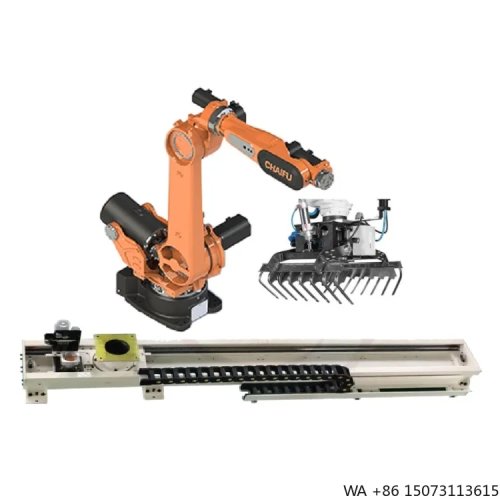 Bras robot industriel 6 axes avec pince et rail linéaire pour manutention automatisée