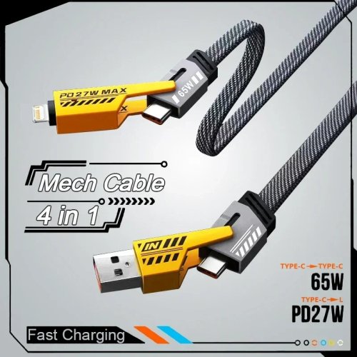 كيبل Mecha 4 في 1 للشحن السريع ونقل البيانات – موصلات متعددة (USB‑C/Lightning)، PD 27W/65W، متوافق مع iPhone 15 وSamsung وXiaomi