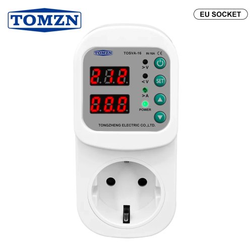 TOMZN Automatic Voltage & Current Protector Socket, Adjustable 110V/220V, 16A Power Surge Protector with EU Plug TOSVA-16