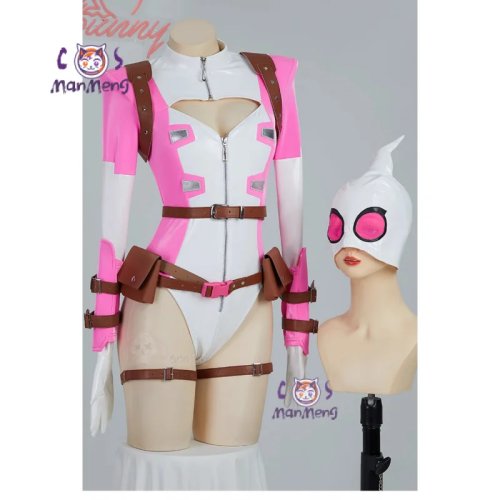 Fato Cosplay Spider-Gwen para mulher – macacão em pele sintética, máscara, cinto e acessórios para Halloween