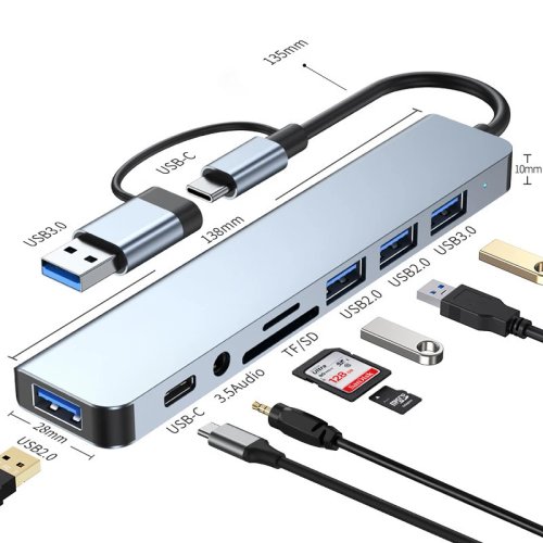 Hub USB-C 8 em 1 — 2 portas USB + USB-C, leitor microSD e adaptador áudio 3,5 mm para portátil/tablet/telemóvel