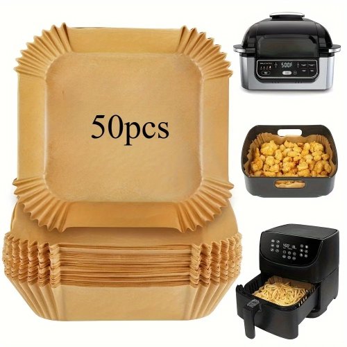 50pcs 8" square air fryer parchment liners - non-stick food-grade, fits 5–8 QT baskets, safe for air fryer/microwave/steamer