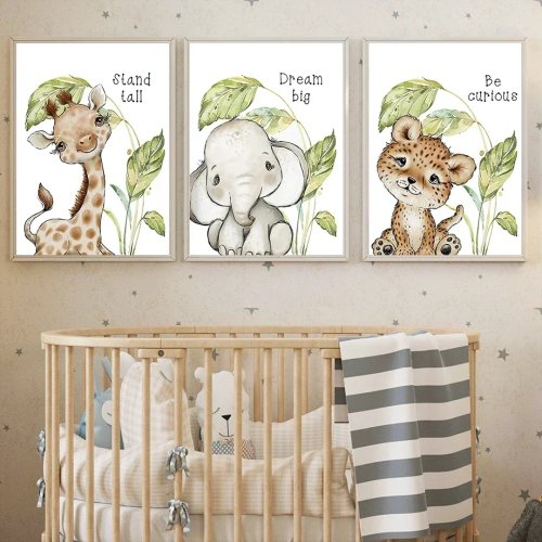 Conjunto de quadros em tela minimalistas com folha de palmeira e animais (elefante, girafa, zebra, leão, leopardo) — decoração de parede para sala