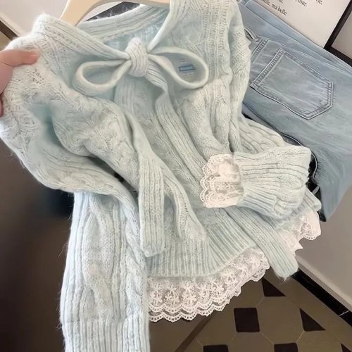 Pull femme style coréen 2026 - maille bleu avec nœud, manches longues, coupe loose effet slim, automne/hiver